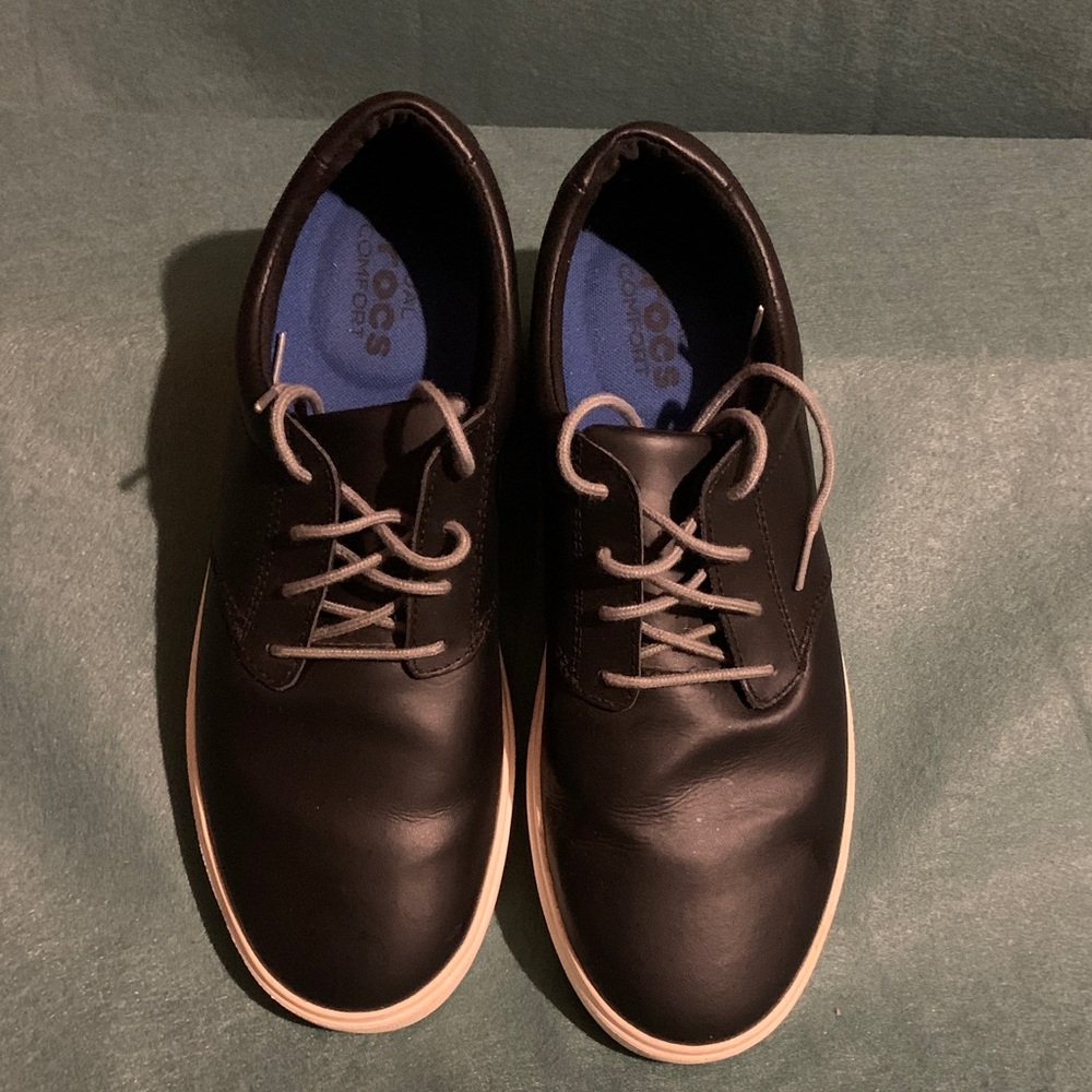 CROCS Black Leather Derby Shoes with Cream Trim